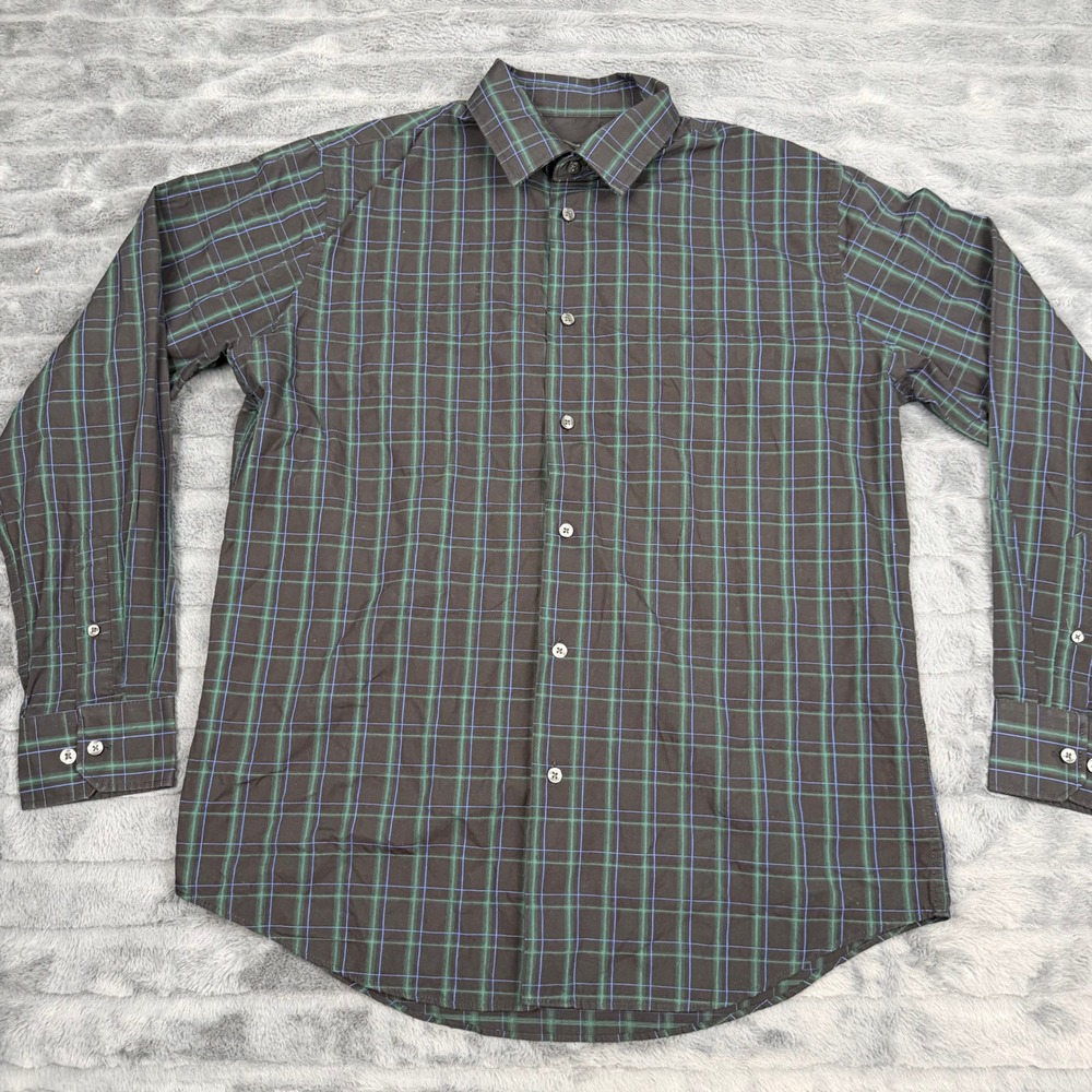 Van Heusen Mens Medium Black Green Blue Plaid Long Sleeve Button Down Shirt